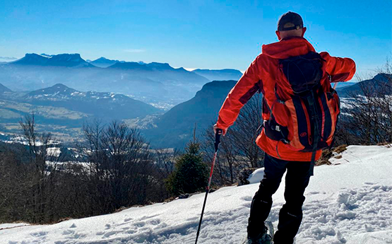 homme de dos en montagne qui regarde la vue polyèdre seynod annecy