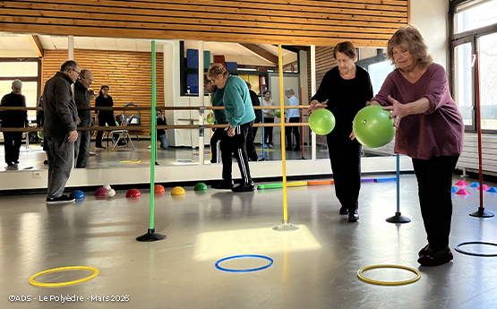 personne qui font des parcours de gym équilibre avec ballon polyèdre seynod annecy