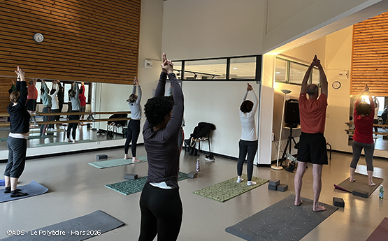 personnes sur tapis de yoga avec bras en l'air polyèdre seynod annecy