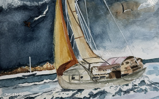 tableau bateau sur l'eau en aquarelle polyèdre seynod annecy
