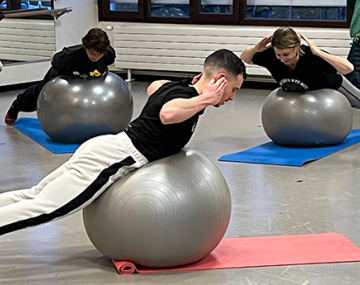 cours de fit'ball avec homme en équilibre sur un gros ballon polyèdre seynod annecy