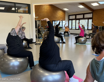 personnes qui s'étirent le corps sur une gym ball polyèdre seynod annecy